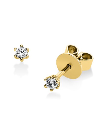0,10 ct -Diamant Solitaire Ohrstecker Paar, 6er Krappenfassung, Gelbgold 750/ooo 18K, Brillanten - Top Wesselton - IF Lupenrein