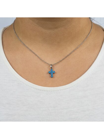 Halskette 925 Silber Kreuz mit Zirkonia Blau