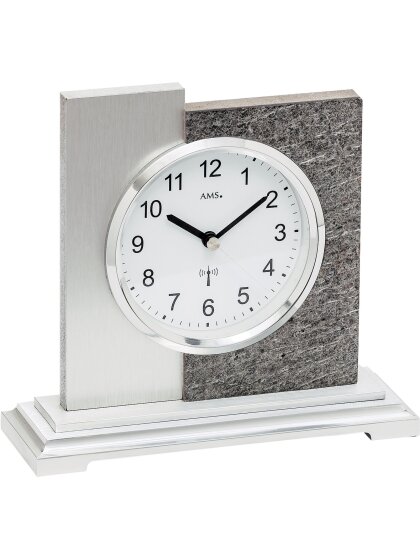 Tischuhr Funk Metallsockel/Holzgehäuse Naturstein/Aluminium-Auflage