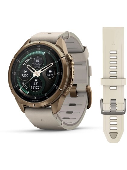 fēnix® 9 Pro – inReach®, 43 mm, AMOLED Sapphire,  Autumn Gold Titan mit Leder-Armband Bone + Silikon-Armband Creme/French Gray