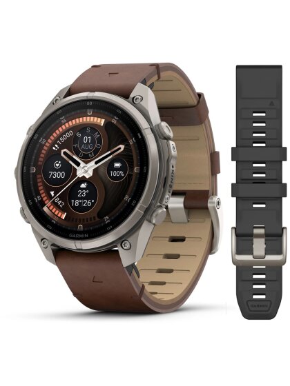 fēnix® 9 Pro – inReach®, 47mm, AMOLED Sapphire,  Titan mit Leder-Armband Walnuss + Silikon-Armband Kieselgrau/Silbergrau