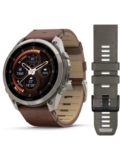 fēnix® 9 Pro – inReach®, 51 mm, AMOLED Sapphire, Titan mit Leder-Armband Walnuss + Silikon-Armband Kieselgrau/Silbergrau